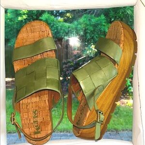 Kork-Ease Green and Tan Sandals with Comfort Footbed